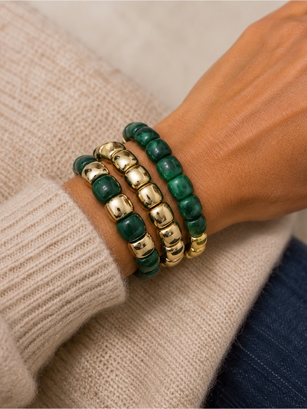 Emerald Green & Gold-Tone Sculpted Stretch Bracelet Set